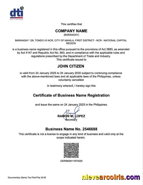 Philippines Barangay certificate of business name registration
